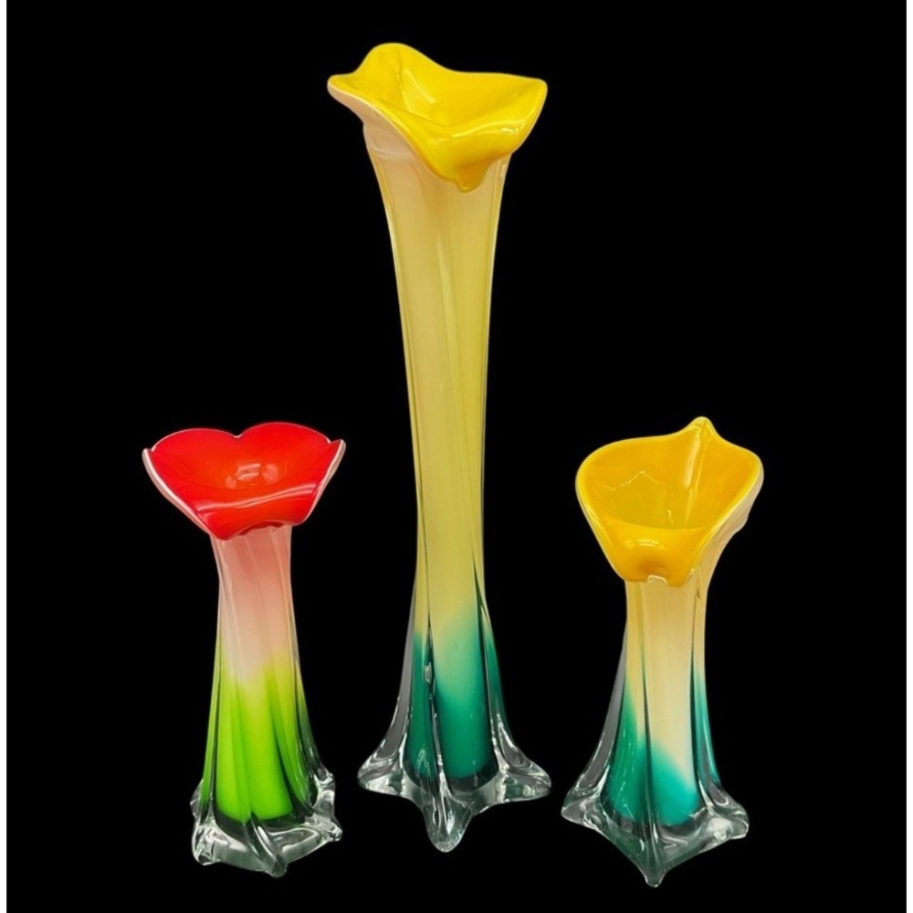 3 Jack-in-the-Pulpit Vases Hand-Blown Art Glass two 8", one 15" yellow red green